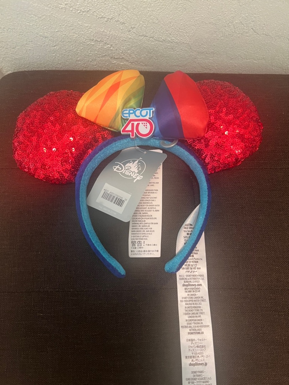 1916*Disney Red Sequin Minnie Ears W/Rainbow Bow/Blue Headband. Reasonable Offer